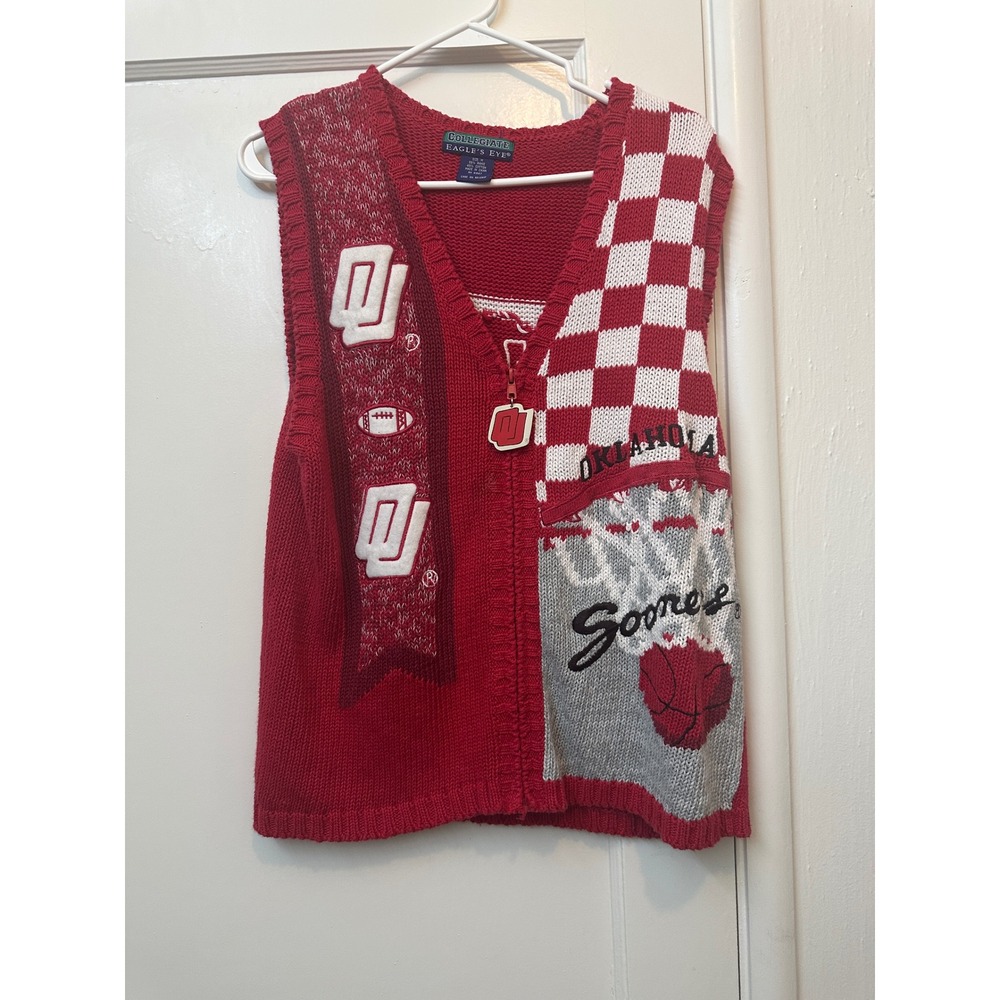 Eagle's Eye Oklahoma Sooners Vintage Knit Zip Up Sweater Vest Red White Medium